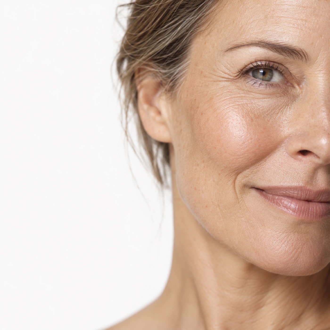 Campaign portrait showing natural skin texture and a soft dewy finish